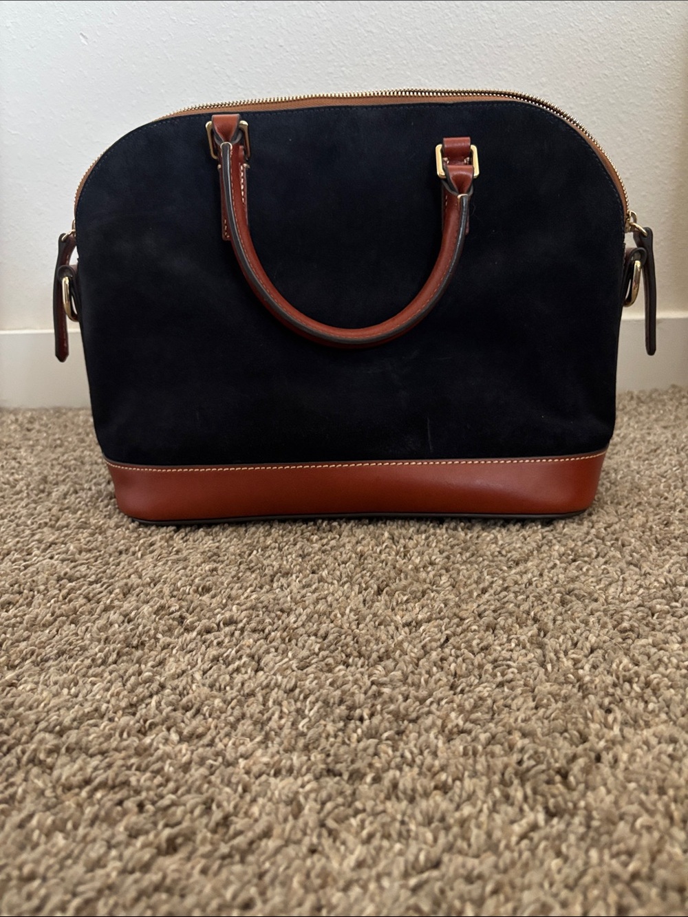 Dooney & Bourke Dome Satchel - never used!Dark Navy suede w/ Brown Leather Trim - Picture 2 of 6